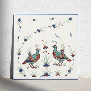 Iznik Ottoman Bird Ceramic Tile - Pair of Birds Floral Accent Tile for Kitchen Backsplash