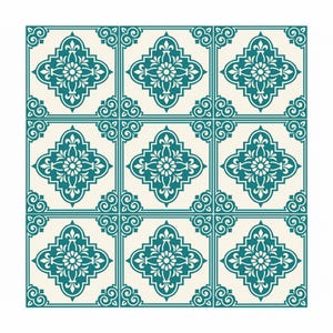 Puede incluir: Nueve baldosas cuadradas con un patrón repetitivo. Cada baldosa presenta un diseño floral turquesa sobre un fondo crema. El diseño incluye una flor central y adornos ornamentados en las esquinas, creando un patrón simétrico y decorativo.