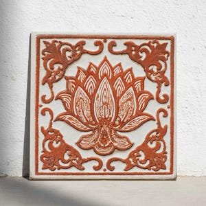 Debrecen Hungary Ceramic Tile – Terracotta Lotus Floral Decor, Central European Heritage Design