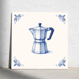 Amsterdam Coffee Tile – Delft Blue Moka Pot Kitchen Decor, Vintage Coffee Lover Ceramic Wall Art