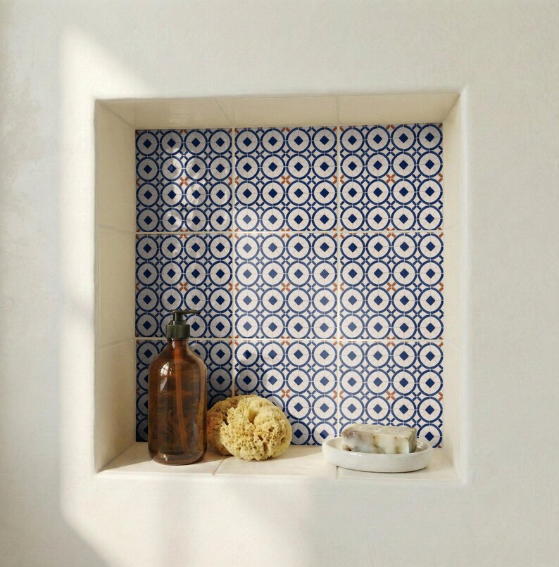 Portuguese-inspired ceramic tile design with nautical circles and small terracotta-style accent marks.