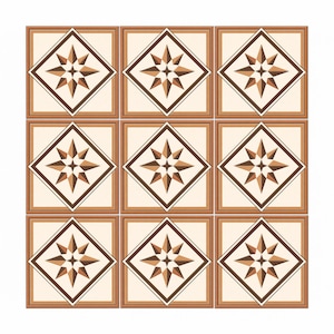 May include: Nine square tiles with a repeating pattern. Each tile features a cream-colored square with a brown border. Inside each square is a brown diamond shape with a starburst design in shades of brown and cream.