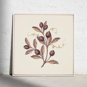 May include: A square wall art print featuring a botanical illustration of a branch with dark purple berries and muted gold leaves. The design includes delicate, swirling tendrils on a cream-coloured background, all enclosed within a thin, dark border.