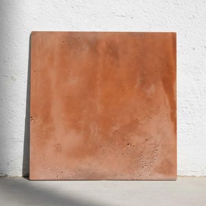 Puede incluir: Una baldosa cuadrada de hormigón de color terracota. La baldosa tiene una superficie texturizada con variaciones de color, que van desde tonos claros a oscuros de marrón anaranjado. La baldosa está apoyada contra una pared blanca, con una sombra proyectada en el lado izquierdo.