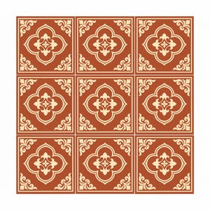 May include: Nine terracotta-coloured square tiles with a repeating cream-coloured floral pattern. Each tile features a central four-petal flower design and corner scrollwork, creating a symmetrical, decorative arrangement. The tiles are arranged in a 3x3 grid.