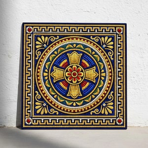May include: A square, mosaic-style artwork featuring a central cross design with a red flower at its center. The cross is surrounded by concentric circles in blue, gold, green, and red. The border is dark blue with gold and red accents.