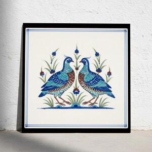 Iznik Ottoman Paired Birds Ceramic Tile - Blue Turquoise Floral Accent
