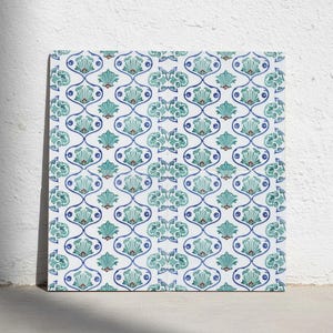 Iznik Palmette Ceramic Tile Turquoise and Cobalt Shell Motif Backsplash