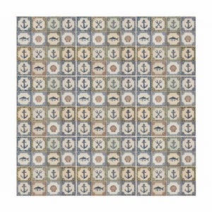 May include: A collection of square tiles with a nautical theme. Each tile features a repeating pattern of anchors, fish, seashells, and crossed oars in shades of blue, beige, and brown. The tiles are arranged in a grid pattern.