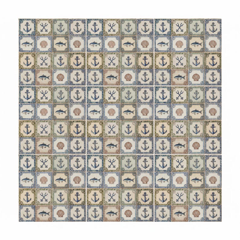 May include: A collection of square tiles with a nautical theme. Each tile features a repeating pattern of anchors, fish, seashells, and crossed oars in shades of blue, beige, and brown. The tiles are arranged in a grid pattern.