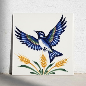 Mexican Talavera Flying Bird Ceramic Tile – Wheat Motif Wall Accent