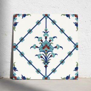 Iznik Floral Ceramic Tile White Turquoise Cobalt Red Accent Tile for Kitchen Backsplash