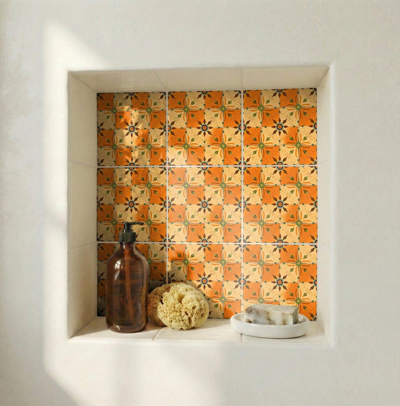 Murcia-inspired decorative ceramic tile featuring sunlit orange petals and botanical corner accents.
