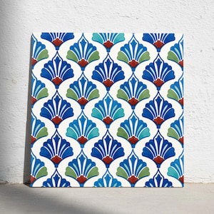 May include: A square ceramic tile featuring a repeating fan-shaped pattern in shades of dark blue, light blue, and sage green, with small red accents at the base of each motif, set against a clean white background in a symmetrical arrangement.