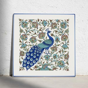 Iznik Peacock Ceramic Tile Ottoman blue turquoise floral accent for kitchen backsplash