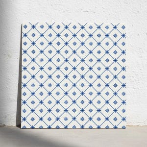 Puede incluir: Un azulejo de cerámica cuadrado con fondo blanco y un patrón de cuadrícula de diamantes azul repetitivo. Cada intersección de la cuadrícula está adornada con un pequeño motivo de flor azul de seis pétalos, creando un diseño geométrico uniforme.