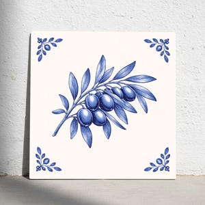 The Hague Olive Tile – Delft Blue Botanical Kitchen Decor, Mediterranean Olive Branch Ceramic Wall Art