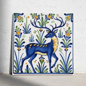 Blå hjort majolica keramiska plattor - Blommig folklig väggplatta