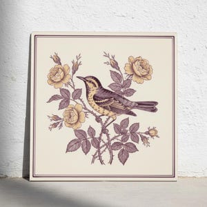 Botanisk fågel keramisk platta - Vintage ros illustration accentplatta