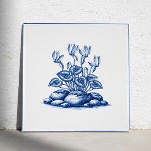 Delft Blue Cyclamen Ceramic Tile - Dutch Botanical Accent Tile