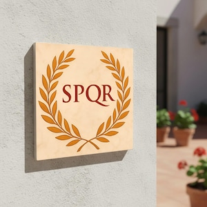 Puede incluir: Letrero cuadrado con fondo beige, con una corona de laurel dorada y las letras SPQR en rojo. El letrero está montado en una pared gris claro, con una vista de un patio y plantas en macetas en el fondo.