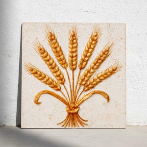 May include: Square ceramic tile featuring a golden wheat sheaf design. The wheat is tied with a ribbon and set against a cream-colored background with a crackle finish. The tile is likely for decorative use.