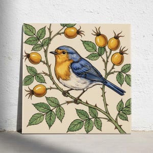 May include: A square wall art print featuring a blue and orange bird perched on a thorny branch with green leaves and yellow rose hips. The illustration is set against a cream-colored background, showcasing detailed botanical elements and a bird.