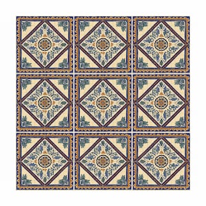 May include: Nine decorative ceramic tiles arranged in a 3x3 grid. Each tile features a central floral medallion surrounded by blue and green leaf patterns on a cream background, framed by a blue and orange border. The tiles are square.