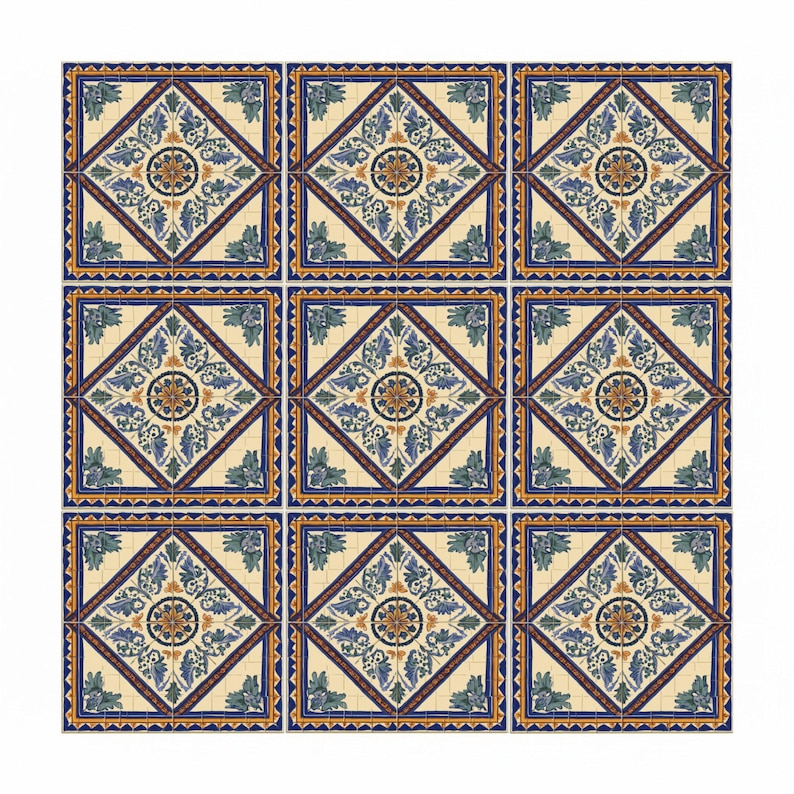 May include: Nine decorative ceramic tiles arranged in a 3x3 grid. Each tile features a central floral medallion surrounded by blue and green leaf patterns on a cream background, framed by a blue and orange border. The tiles are square.