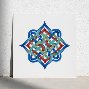May include: A square white tile featuring a centered, symmetrical knotwork design. The intricate pattern is composed of interlocking loops in vibrant shades of royal blue, sage green, and deep red, creating a complex, star-like geometric motif.