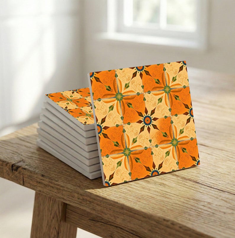 Spanish Levante style ceramic wall tile with symmetrical cross rosette in earthy citrus tones.