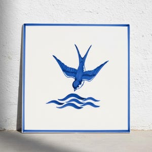 Delft Swallow Keramikplattor - Koboltblå Fågel och Vågor Bakstänkskydd Accent