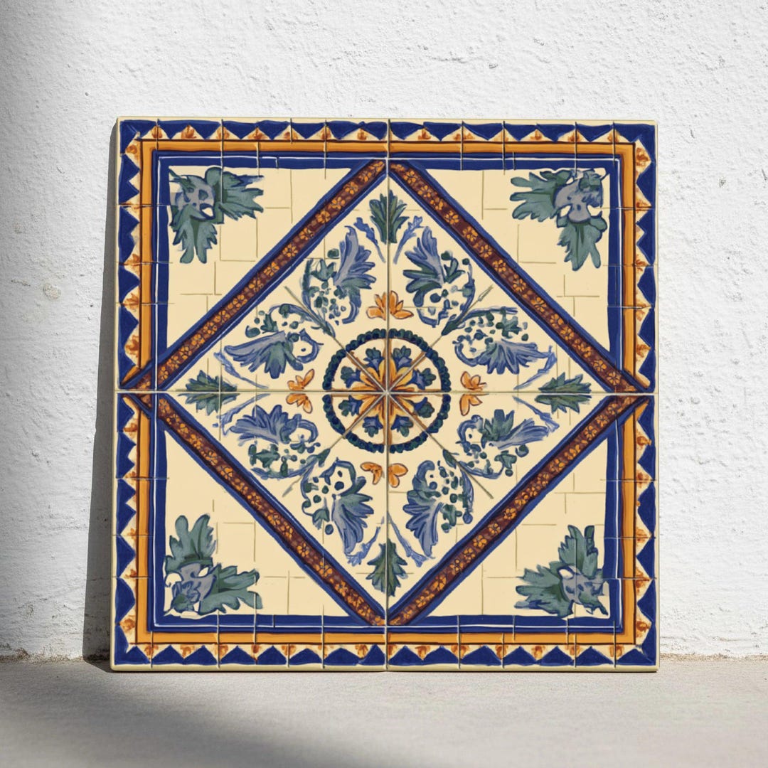 ドイツ製ビンテージ タイル 8枚セット AWS Keramik ボタニカルアート Cádiz Blue & Gold Ceramic Tile – Andalusian Coastal Botanical