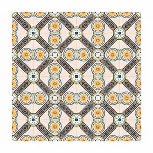 Puede incluir: Patrón repetitivo de baldosas cuadradas con fondo crema. Las baldosas presentan un diseño geométrico con motivos florales y circulares amarillos, azules y grises. El patrón está dispuesto en forma de cuadrícula.