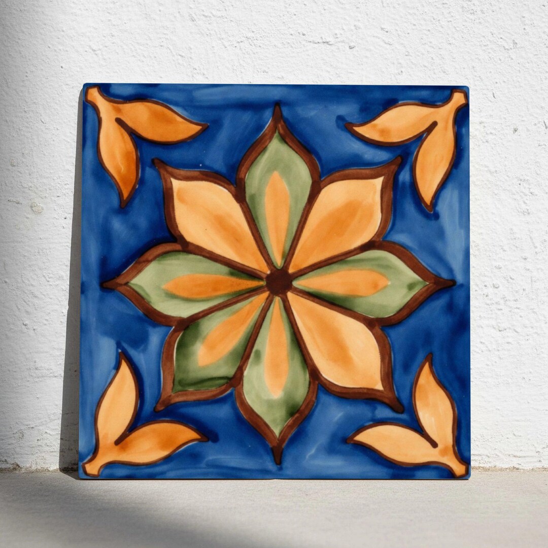 Mediterranean Floral Ceramic Tile – Blue & Ocher Wall Decor - Etsy