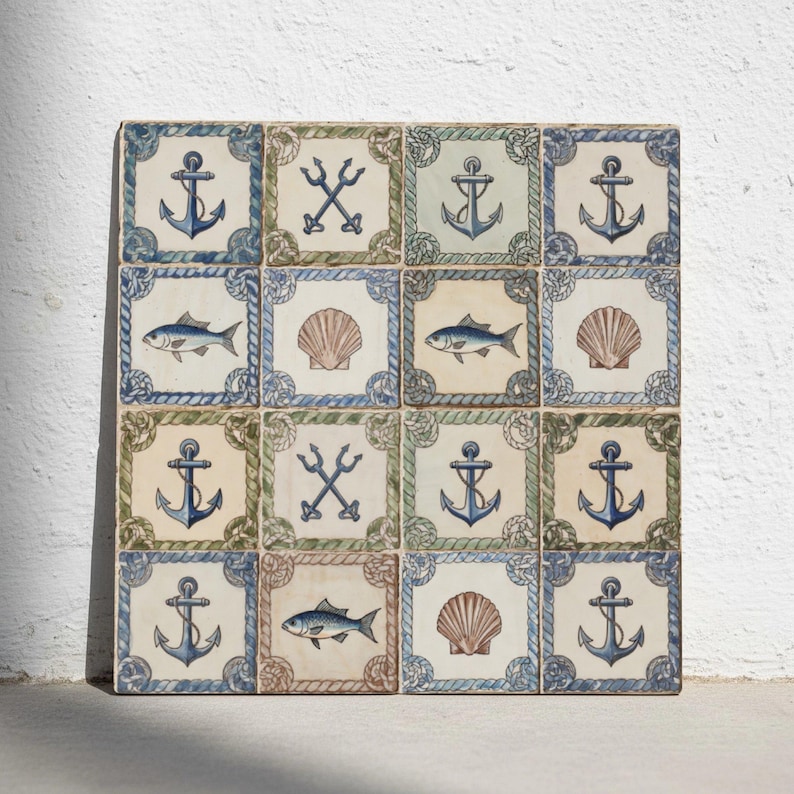 May include: A square tile arrangement featuring nautical designs. Each tile displays a blue anchor, trident, fish, or seashell, framed by rope and floral borders in blue, green, and brown. The tiles are arranged in a grid pattern.