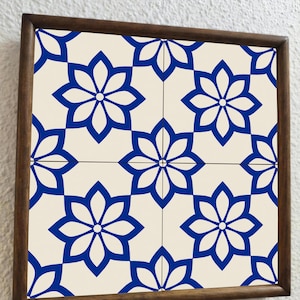 Puede incluir: Una baldosa decorativa cuadrada con un patrón repetitivo de diseños florales azules sobre un fondo crema, enmarcada en madera oscura. El patrón floral es simétrico y geométrico.