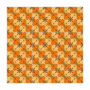May include: A repeating pattern of orange and tan tiles. Each tile features a floral design with orange petals, green leaves, and a dark center. The tiles are arranged in a grid, creating a cohesive and decorative surface.