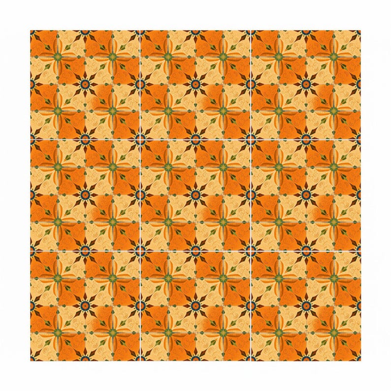 May include: A repeating pattern of orange and tan tiles. Each tile features a floral design with orange petals, green leaves, and a dark center. The tiles are arranged in a grid, creating a cohesive and decorative surface.