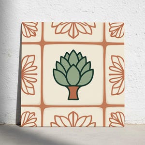 May include: Square tile with a cream background and a repeating pattern of rust-colored floral designs. The center features a green artichoke illustration with a brown stem. The tile is likely for home decor.