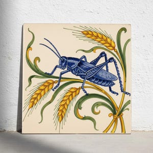 Siciliansk majolica gräshoppa keramisk kakel, blå insekt och vete kök accent