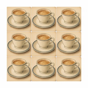 May include: Nine square coasters, each featuring a vintage illustration of a cup of coffee on a saucer. The cups and saucers are white with a dark blue trim. The coffee is a light brown color, set against a beige background.