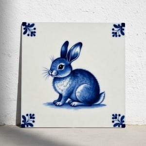 Może przedstawiać: Kwadratowa płytka ceramiczna z niebiesko-białą ilustracją królika. Królik przedstawiony jest w pozycji siedzącej z długimi uszami i szczegółowym futrem. Ozdobne kwiatowe akcenty w rogach.