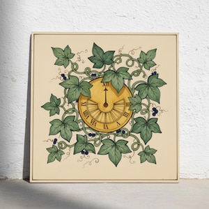 May include: A square wall art print featuring a central yellow sundial with Roman numerals and a single hand, surrounded by a dense illustration of green ivy leaves and small dark blue berries on a light cream-colored background.
