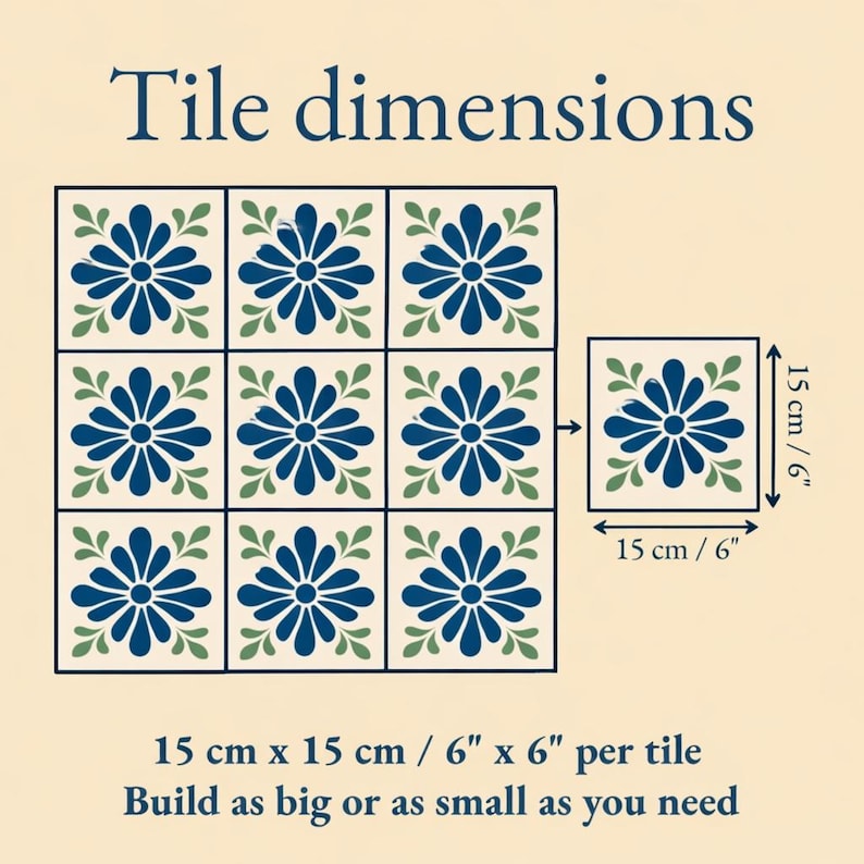 Op de afbeelding: Afbeelding toont een raster van negen vierkante tegels met een bloemenontwerp in blauw en groen. Elke tegel is 15 cm bij 15 cm. De tekst "Tile dimensions" staat bovenaan, met extra tekst eronder.