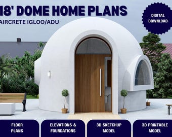 Op de afbeelding: Digitale plannen voor een koepelvormig huis van 5,5 meter. De afbeelding toont een witte, koepelvormige structuur met een houten deur en een boogvormige entree. Tekst bevat "AIRCRETE IGLOO/ADU" en "DIGITALE DOWNLOAD."
