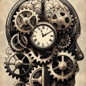 以下が含まれることがあります： 歯車と時計で構成された人間の頭のイラスト。脳は詳細な図で表現され、中央に文字盤があります。歯車はさまざまなサイズと形状で、スチームパンクな美学を作り出しています。