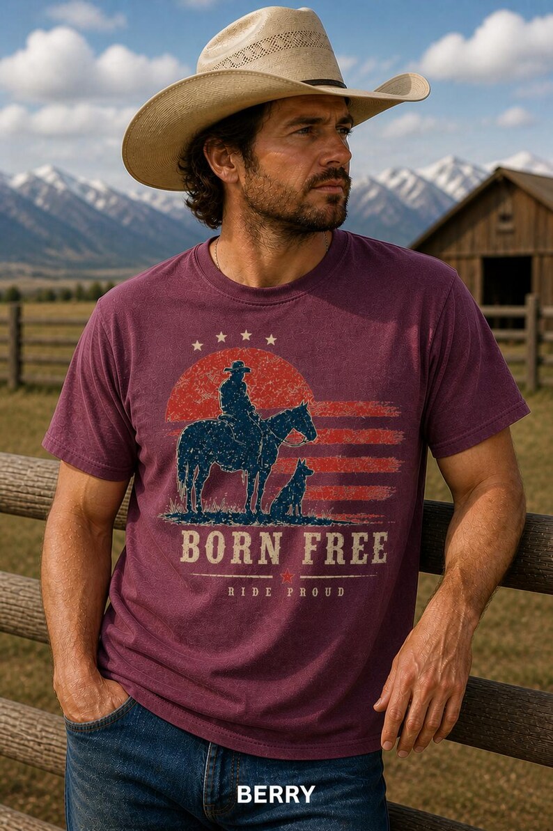 Op de afbeelding: Bessenkleurig T-shirt met een afbeelding van een cowboy op een paard, een hond en de tekst "BORN FREE". Het ontwerp bevat een rode en blauwe zonsondergang en sterren. Het shirt wordt gedragen met een cowboyhoed.