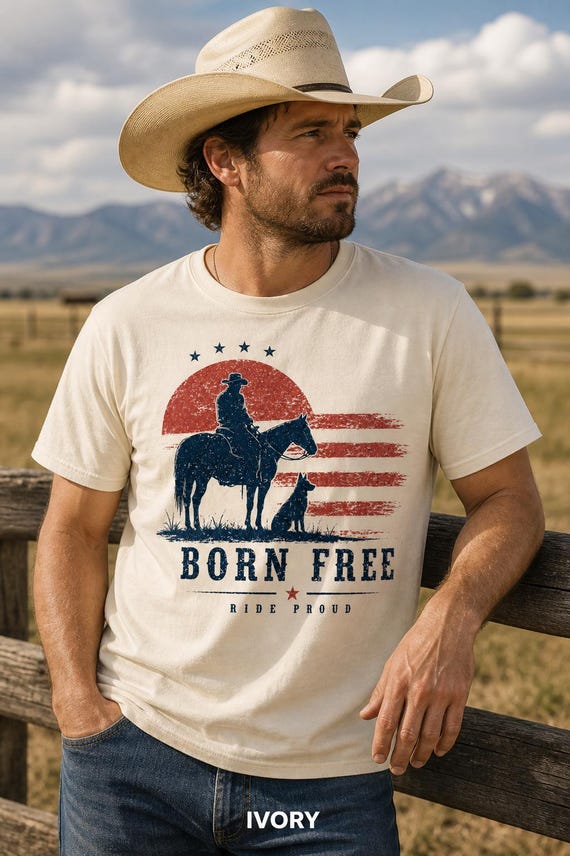 Born Free Ride Proud Cowboy Graphic Tee: Vintage Western USA Heritage Shirt
