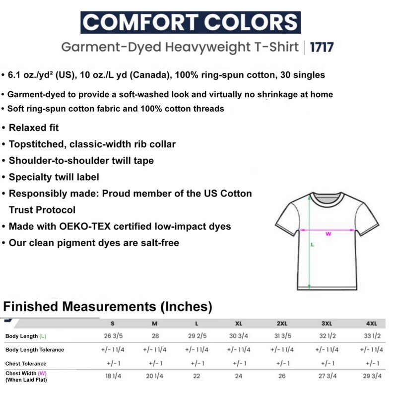 Op de afbeelding: Wit T-shirt met de tekst "COMFORT COLORS" en productdetails. Het geverfde heavyweight T-shirt is gemaakt van 100% ringspun katoen. Afgewerkte maten in cm worden verstrekt voor verschillende maten, inclusief lichaamslengte en borstbreedte.